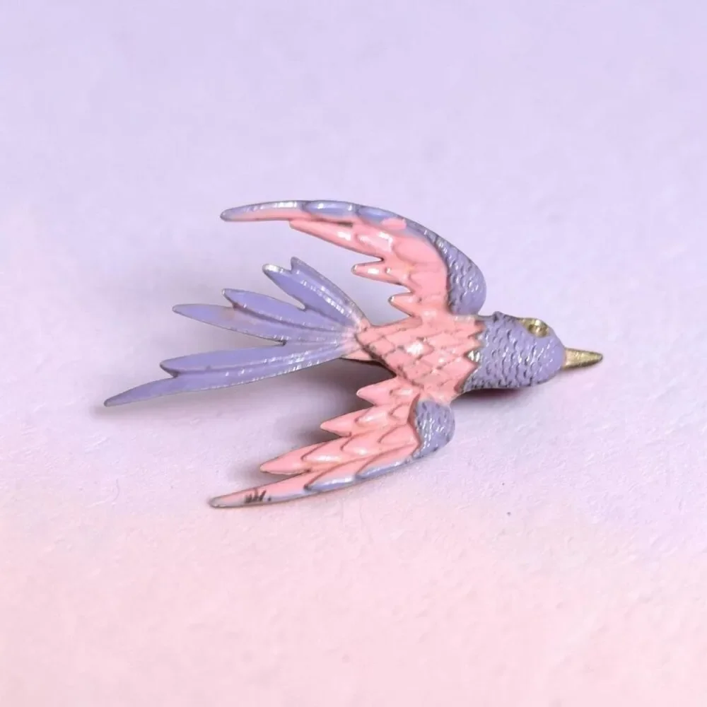 Pink Swallow Bird Brooch, Enamel Flying Bird Pin, Cottagecore Coquette Jewelry